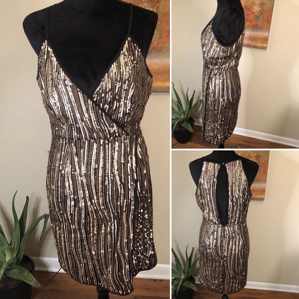 Gianni Bini Sequin Wrap Bronze Gold Holiday Dress